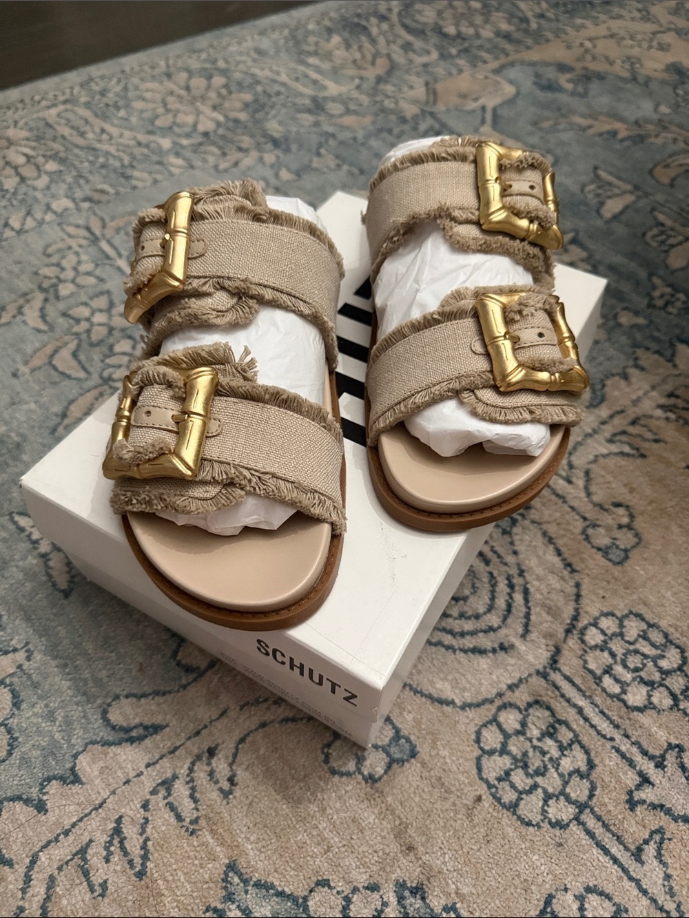 SCHUTZ Tan Frayed-Strap Sandals with Gold Buckles